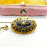 Victorian 15ct Gold, Banded Agate, Enamel, Seed Pearl Mourning Brooch c1840