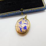 Victorian 9ct Gold Back & Front Blue Enamel Forget-Me-Not Locket Antique c1890