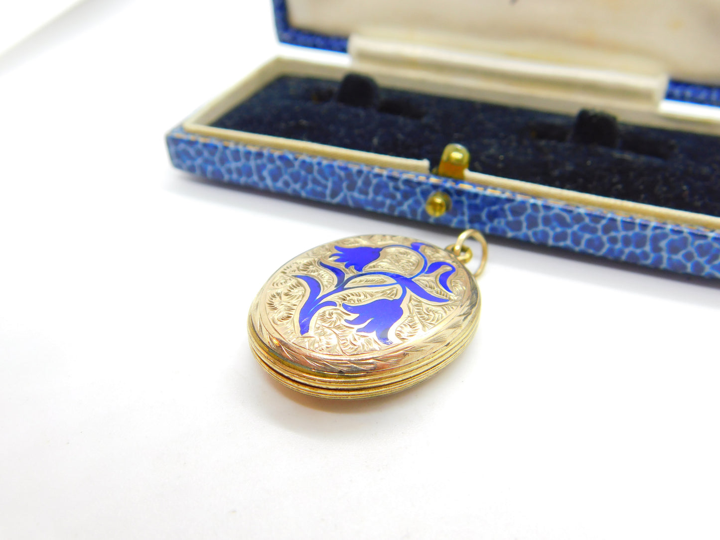 Victorian 9ct Gold Back & Front Blue Enamel Forget-Me-Not Locket Antique c1890