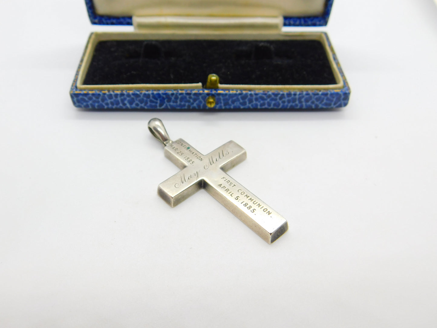 Victorian Sterling Silver 'May Mills' First Communion & Confirmation Cross Pendant Antique 1885