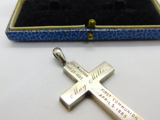 Victorian Sterling Silver 'May Mills' First Communion & Confirmation Cross Pendant Antique 1885