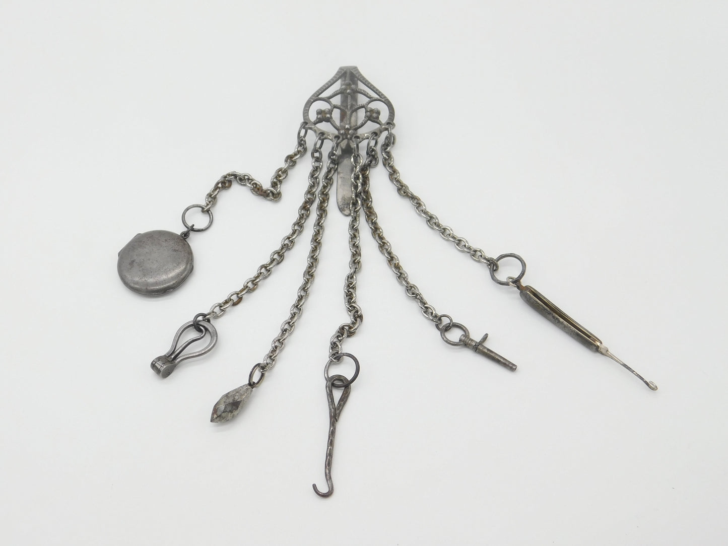 Early Victorian Cut Steel Sewing Chatelaine With Tools Antique c1850