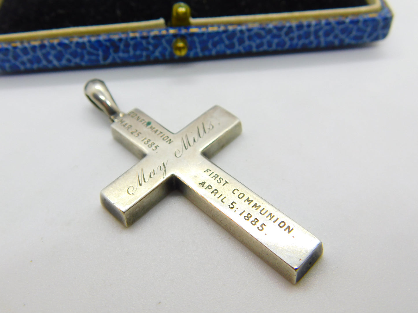 Victorian Sterling Silver 'May Mills' First Communion & Confirmation Cross Pendant Antique 1885