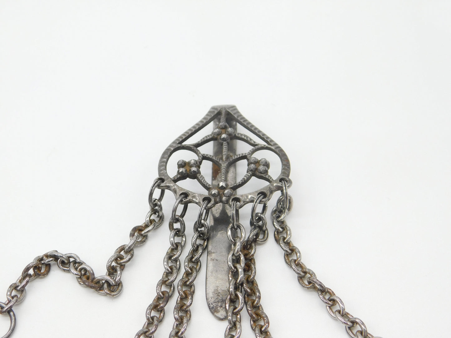 Early Victorian Cut Steel Sewing Chatelaine With Tools Antique c1850