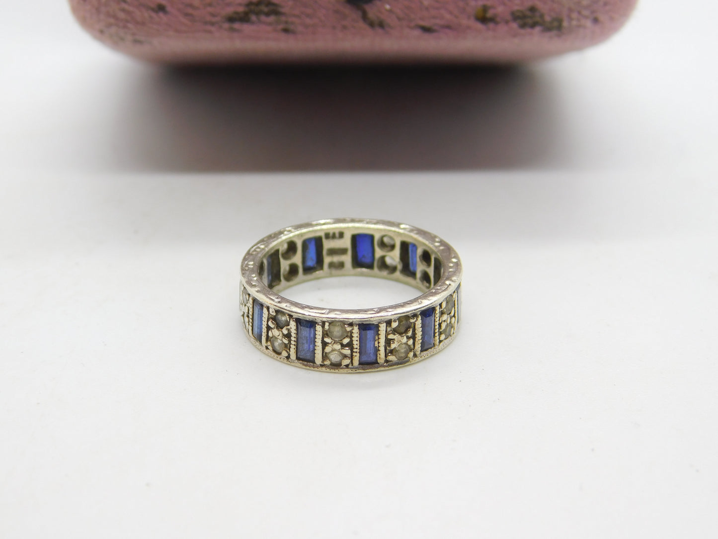 9ct White Gold, Sapphire & Spinel Full Eternity Ring Vintage 1974 Birmingham