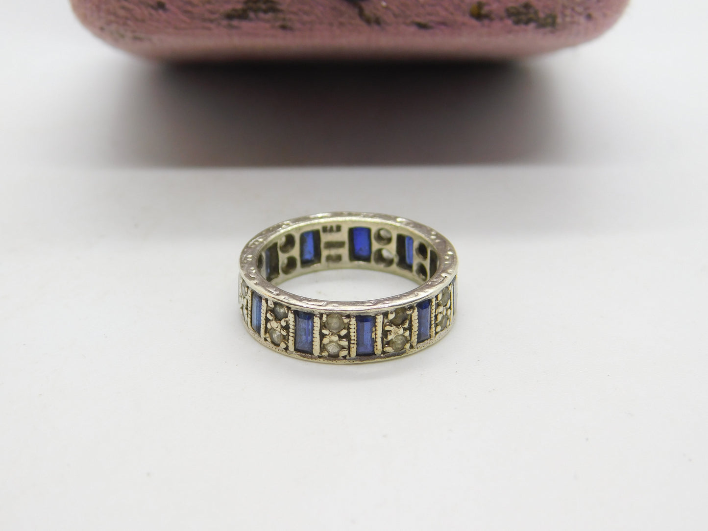 9ct White Gold, Sapphire & Spinel Full Eternity Ring Vintage 1974 Birmingham