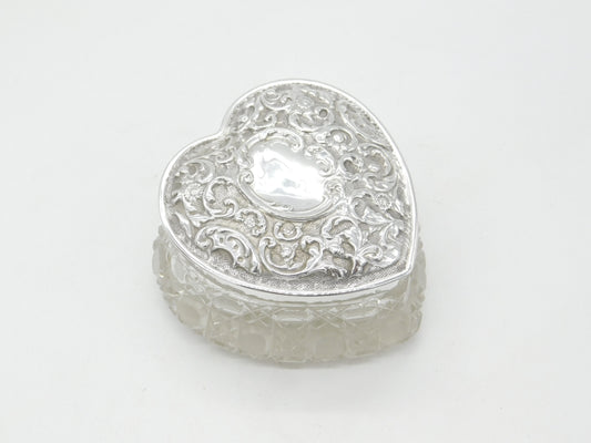 Edwardian Sterling Silver & Cut Glass Heart Shaped Trinket Pot 1904 Sheffield