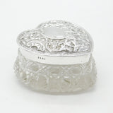 Edwardian Sterling Silver & Cut Glass Heart Shaped Trinket Pot 1904 Sheffield