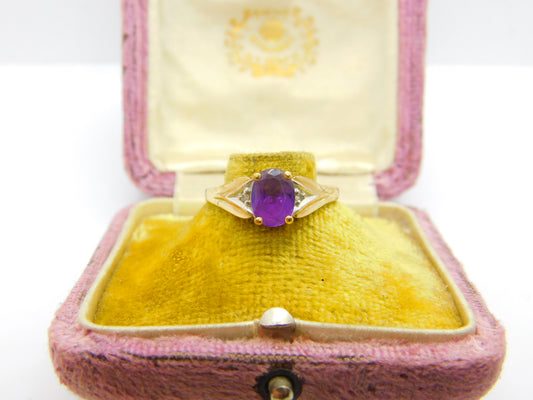 9ct Yellow Gold, Amethyst & Diamond Flanked Dress Ring Vintage c1990 Birmingham