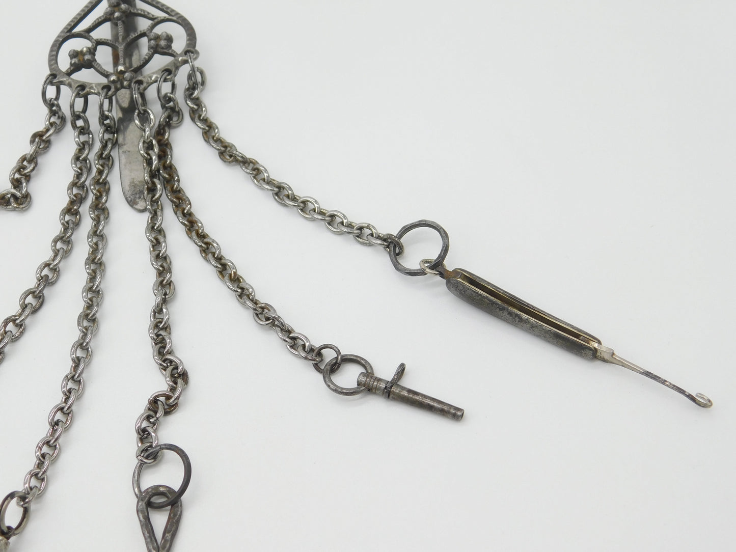 Early Victorian Cut Steel Sewing Chatelaine With Tools Antique c1850