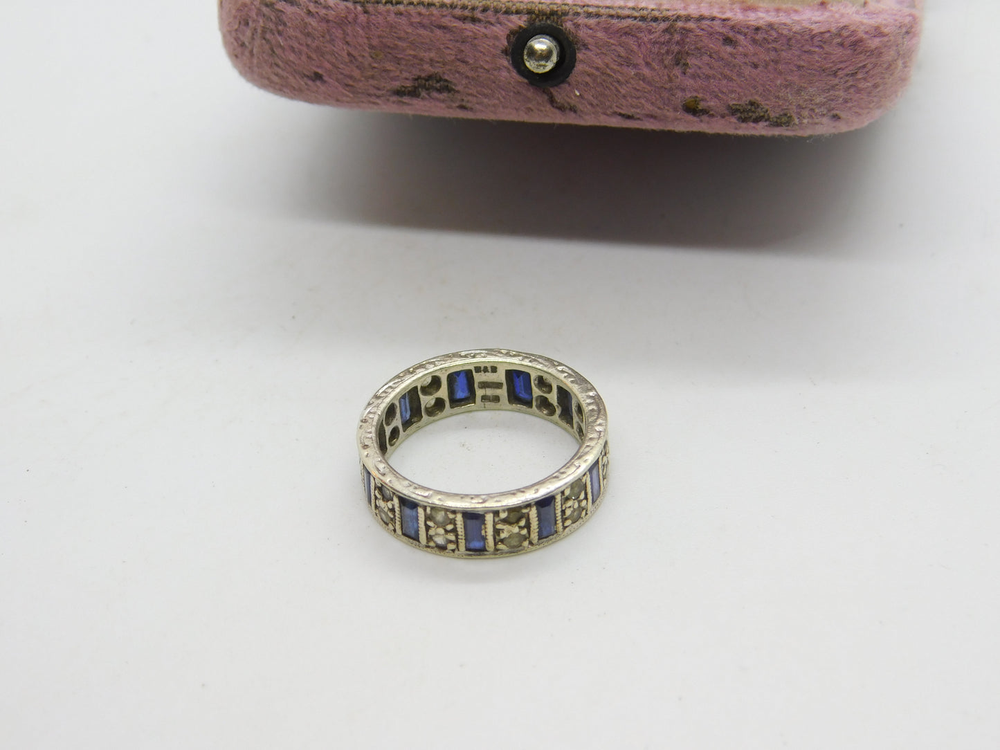 9ct White Gold, Sapphire & Spinel Full Eternity Ring Vintage 1974 Birmingham