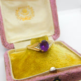 9ct Yellow Gold, Amethyst & Diamond Flanked Dress Ring Vintage c1990 Birmingham