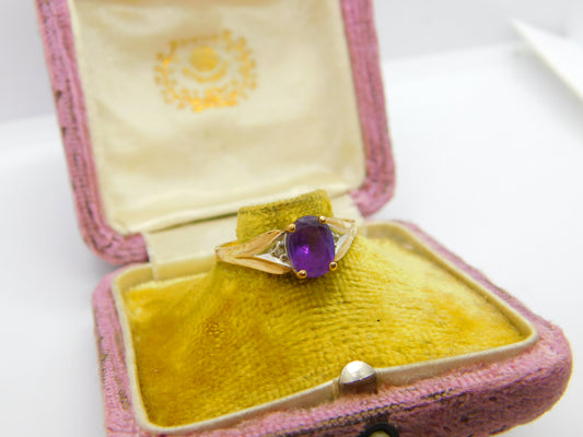 9ct Yellow Gold, Amethyst & Diamond Flanked Dress Ring Vintage c1990 Birmingham