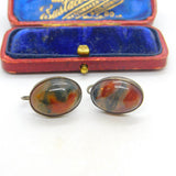 Iona Scottish Sterling Silver Cabochon Moss Agate Screw Back Earrings Antique