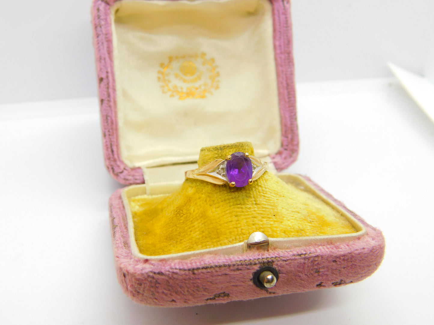 9ct Yellow Gold, Amethyst & Diamond Flanked Dress Ring Vintage c1990 Birmingham