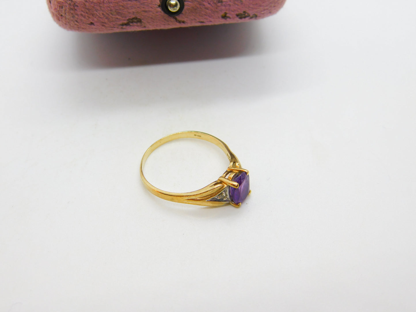 9ct Yellow Gold, Amethyst & Diamond Flanked Dress Ring Vintage c1990 Birmingham