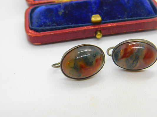 Iona Scottish Sterling Silver Cabochon Moss Agate Screw Back Earrings Antique