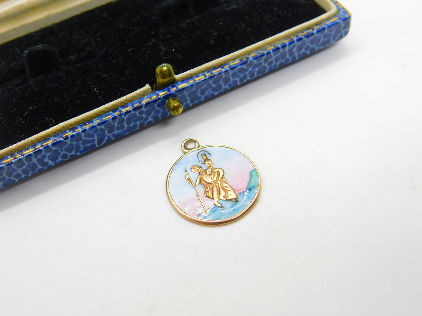 9ct Rose Gold & Sunset Tone Enamel St Christopher Travel Charm Pendant Vintage