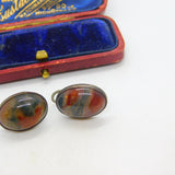 Iona Scottish Sterling Silver Cabochon Moss Agate Screw Back Earrings Antique