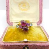 9ct Gold, Cabochon Garnet, Amethyst, Topaz Crossover Ring Vintage c1980