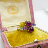 9ct Gold, Cabochon Garnet, Amethyst, Topaz Crossover Ring Vintage c1980
