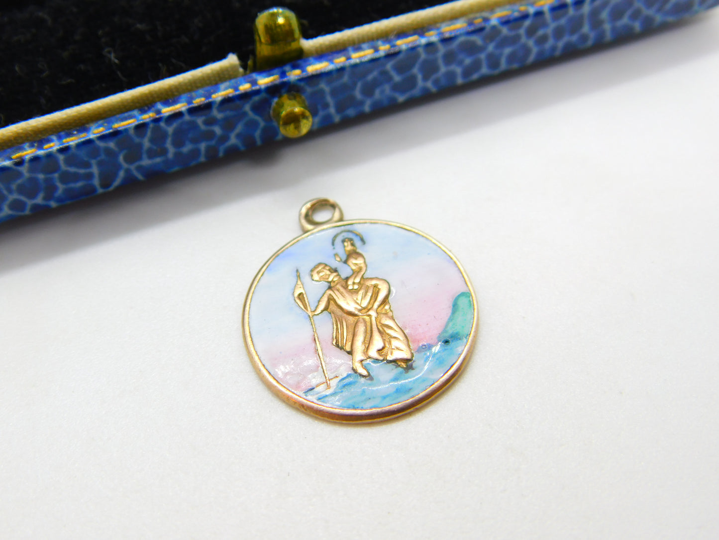 9ct Rose Gold & Sunset Tone Enamel St Christopher Travel Charm Pendant Vintage