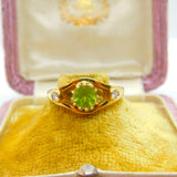18ct Yellow Gold, Peridot & 0.1ct Diamond Art Nouveau Style Ring Vintage c1970