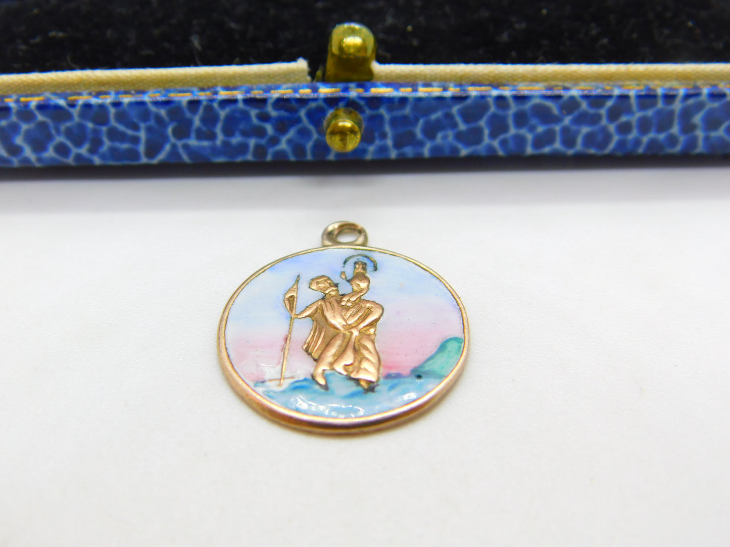 9ct Rose Gold & Sunset Tone Enamel St Christopher Travel Charm Pendant Vintage