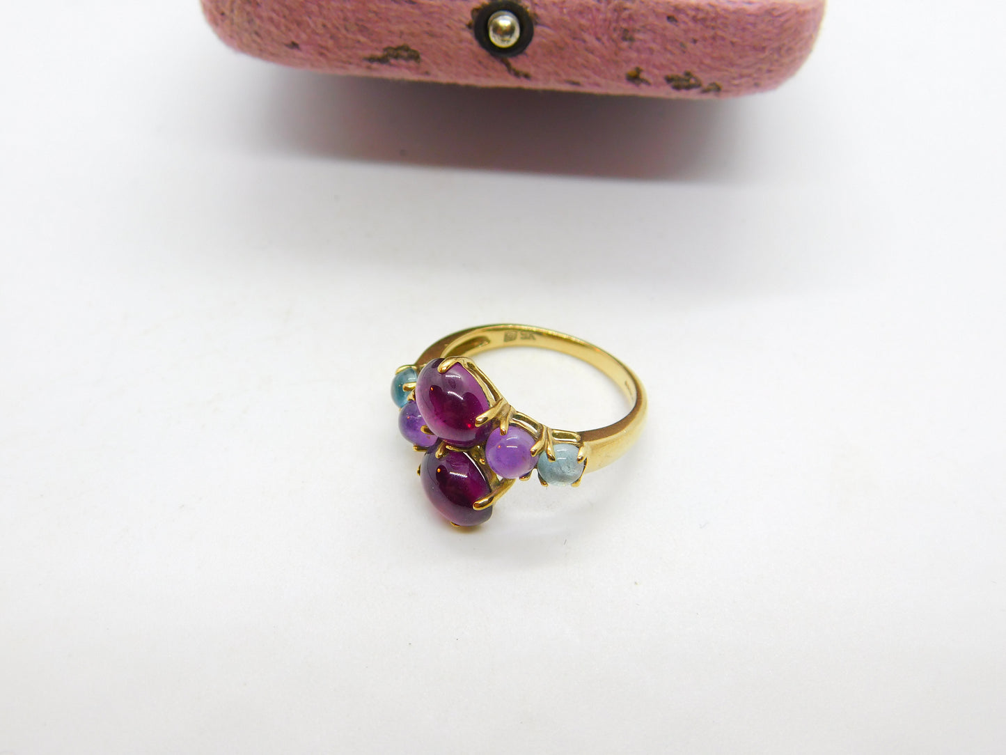 9ct Gold, Cabochon Garnet, Amethyst, Topaz Crossover Ring Vintage c1980