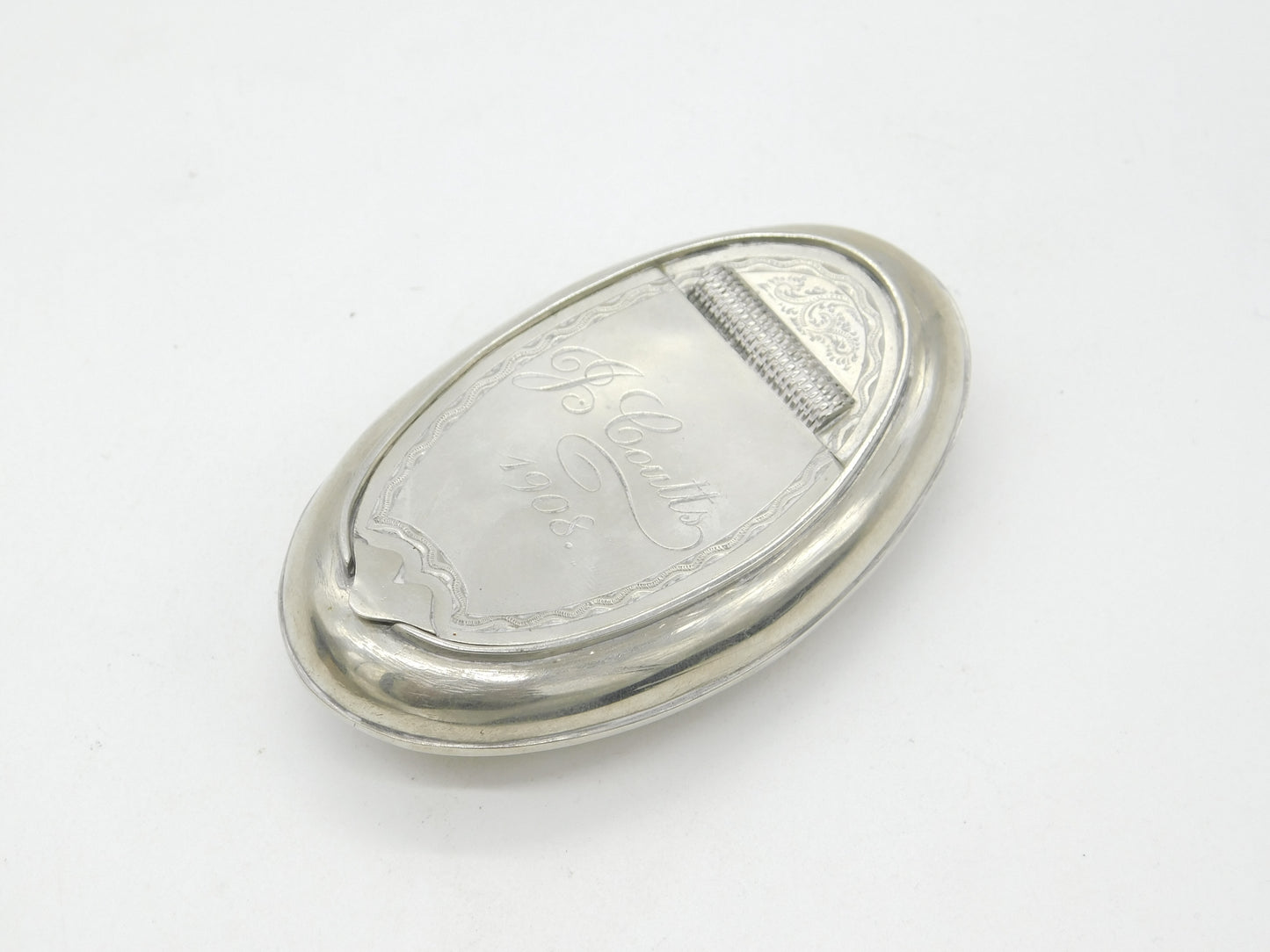 Edwardian Silver Plated Oval Form Snuff Box 'J. Coutts, 1908' Antique