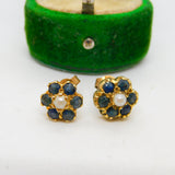 Pair of 9ct Yellow Gold, Sapphire & Pearl Floral Stud Earrings Vintage c1970