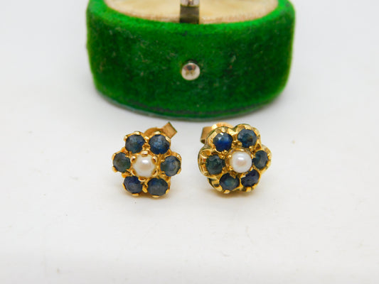 Pair of 9ct Yellow Gold, Sapphire & Pearl Floral Stud Earrings Vintage c1970