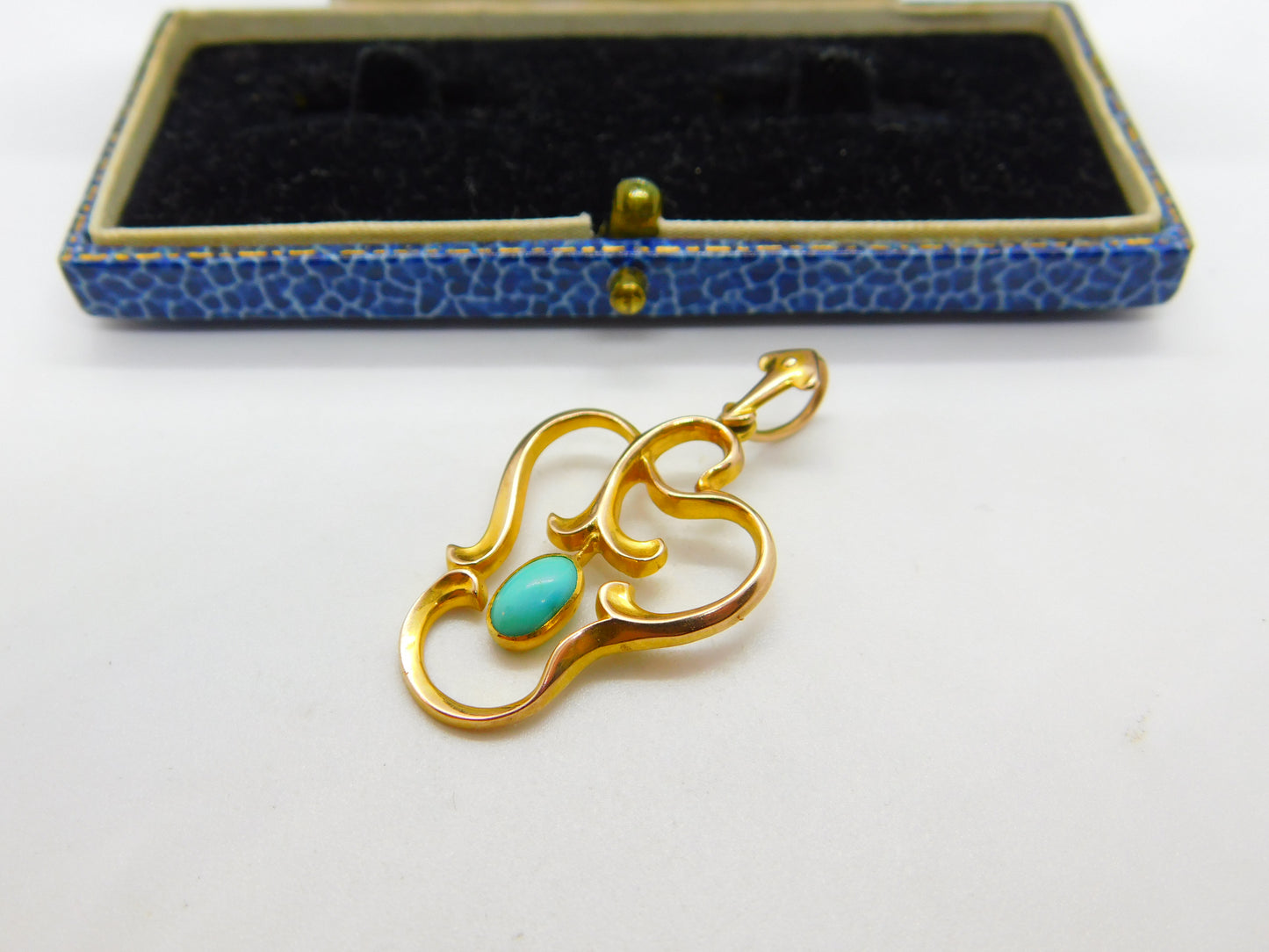 Art Nouveau 10ct Gold & Cabochon Turquoise Lavalier Drop Pendant Antique c1900