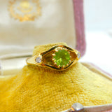 18ct Yellow Gold, Peridot & 0.1ct Diamond Art Nouveau Style Ring Vintage c1970