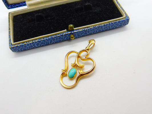 Art Nouveau 10ct Gold & Cabochon Turquoise Lavalier Drop Pendant Antique c1900