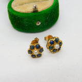 Pair of 9ct Yellow Gold, Sapphire & Pearl Floral Stud Earrings Vintage c1970