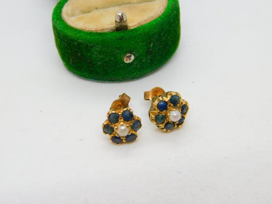 Pair of 9ct Yellow Gold, Sapphire & Pearl Floral Stud Earrings Vintage c1970