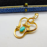 Art Nouveau 10ct Gold & Cabochon Turquoise Lavalier Drop Pendant Antique c1900