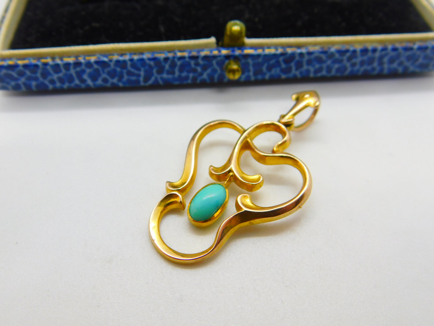 Art Nouveau 10ct Gold & Cabochon Turquoise Lavalier Drop Pendant Antique c1900