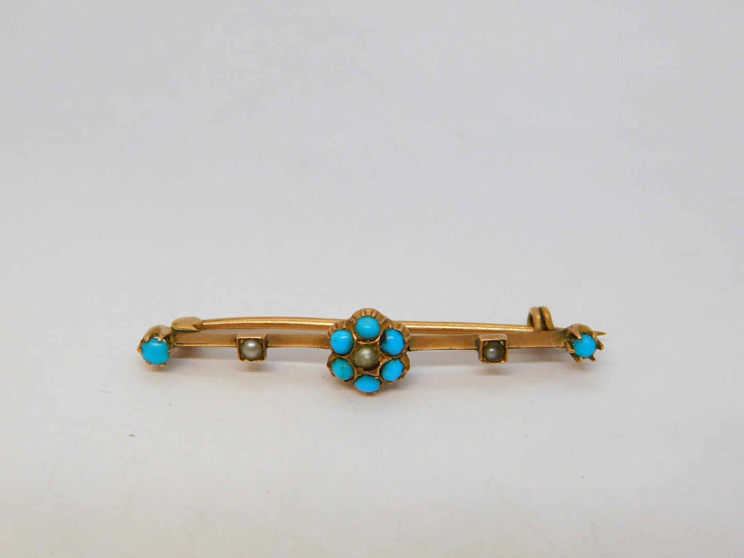 Edwardian 9ct Rose Gold, Turquoise & Seed Pearl Sweetheart Brooch Antique c1910