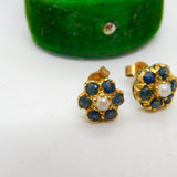 Pair of 9ct Yellow Gold, Sapphire & Pearl Floral Stud Earrings Vintage c1970