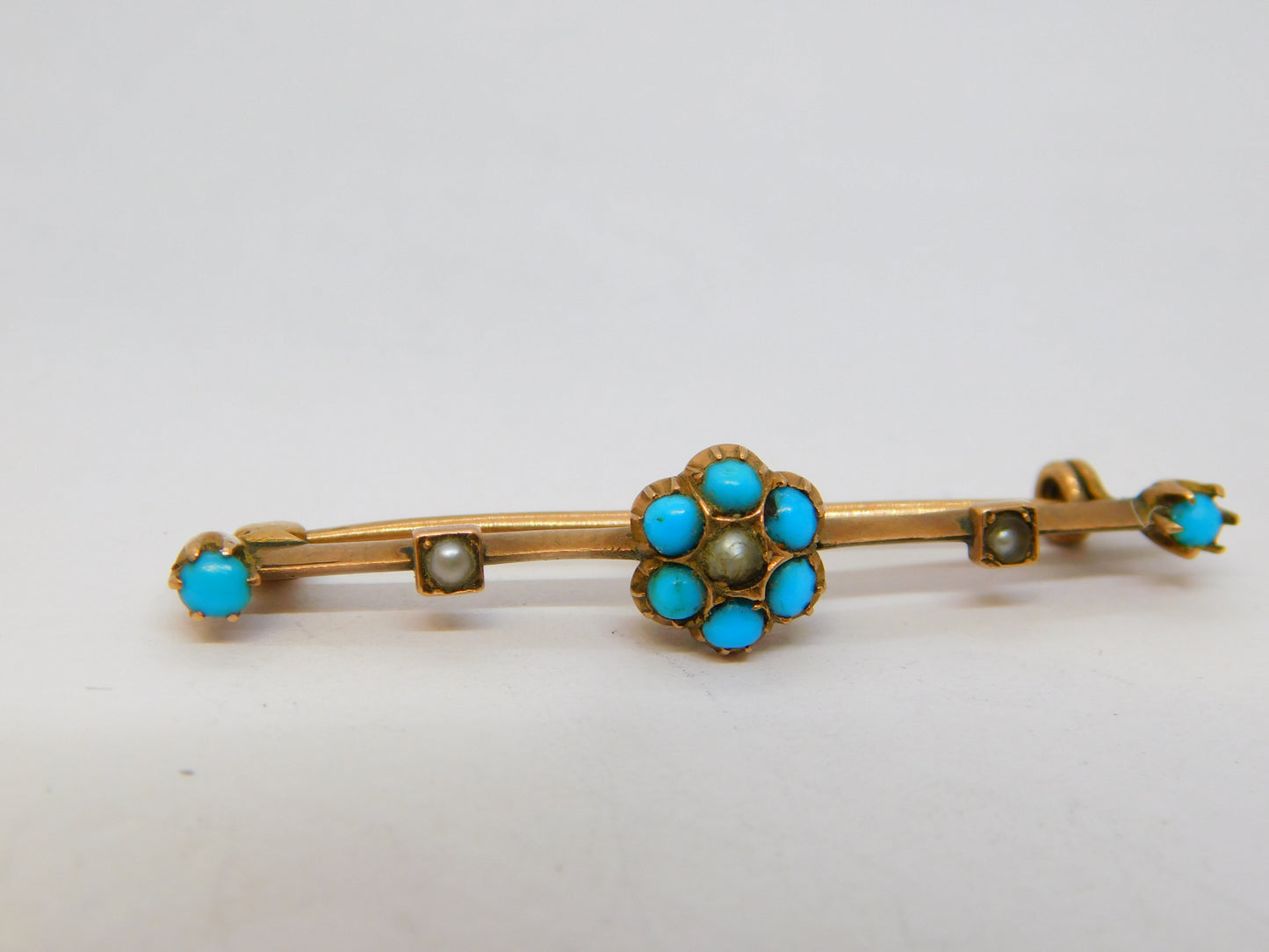 Edwardian 9ct Rose Gold, Turquoise & Seed Pearl Sweetheart Brooch Antique c1910