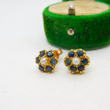 Pair of 9ct Yellow Gold, Sapphire & Pearl Floral Stud Earrings Vintage c1970