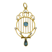 Edwardian 15ct Yellow Gold, Pearl & Blue Topaz Lavalier Drop Pendant Antique