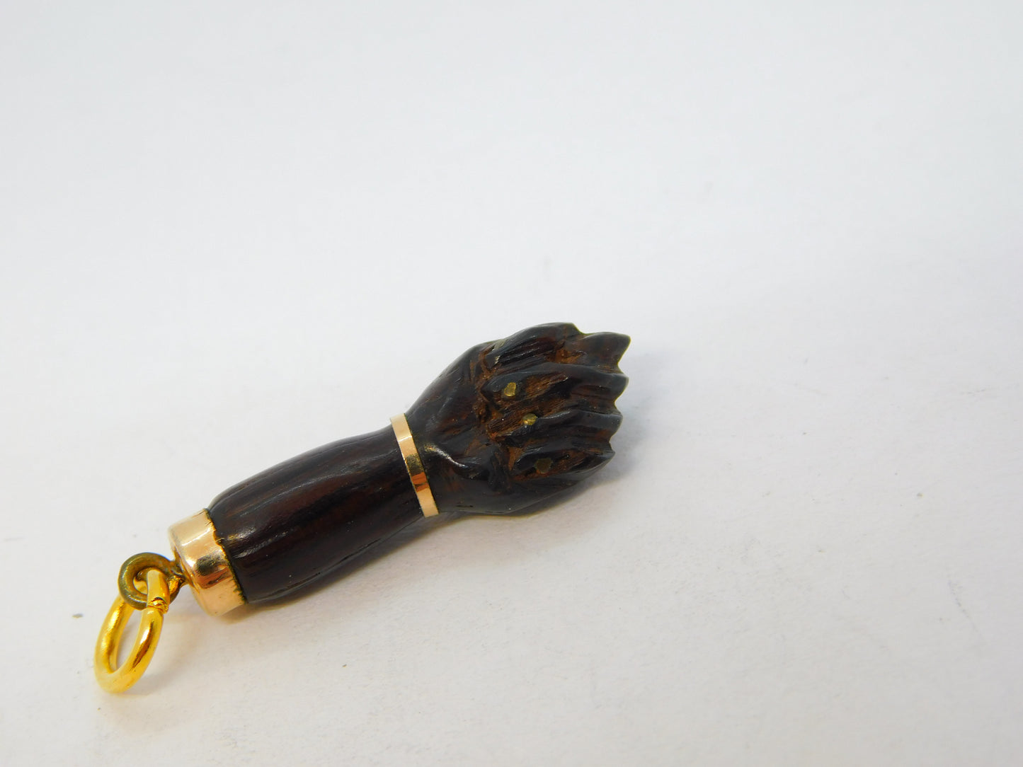 19th Century 9ct Gold, Carved Ebony Wood Figa Hand Pendant Antique c1880