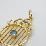 Edwardian 15ct Yellow Gold, Pearl & Blue Topaz Lavalier Drop Pendant Antique