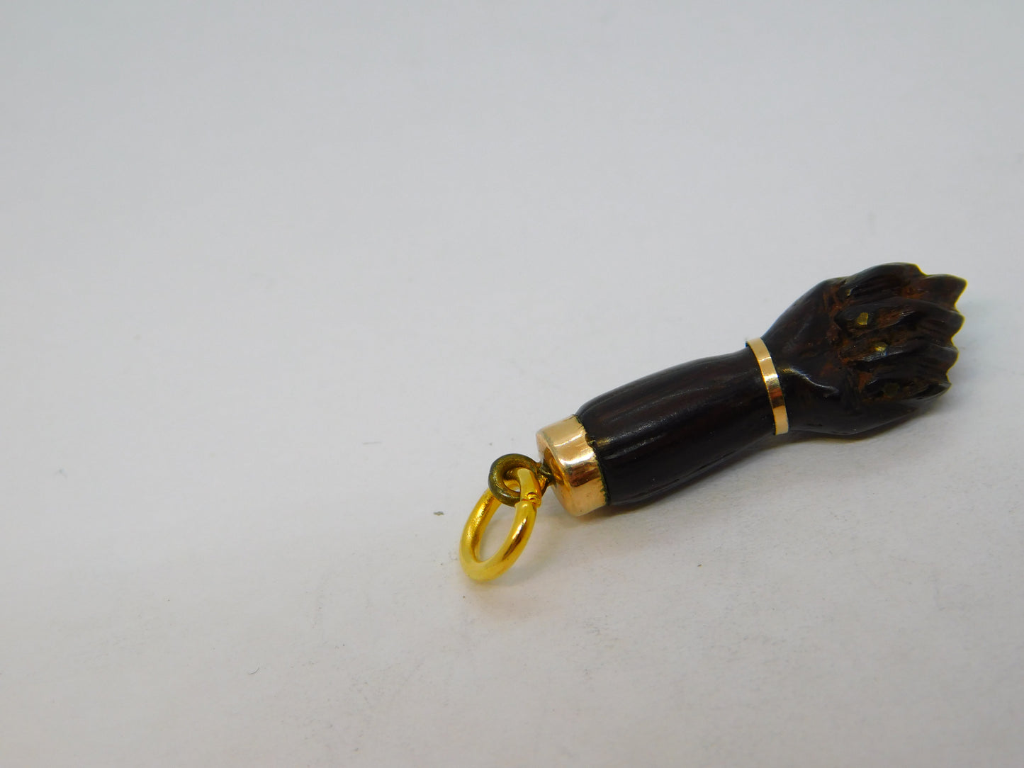 19th Century 9ct Gold, Carved Ebony Wood Figa Hand Pendant Antique c1880