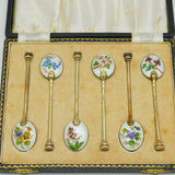 Boxed Set of Sterling Silver Gilt & Enamel Floral Teaspoons Vintage Birmingham