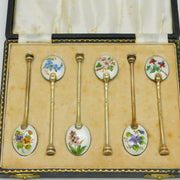 Boxed Set of Sterling Silver Gilt & Enamel Floral Teaspoons Vintage Birmingham