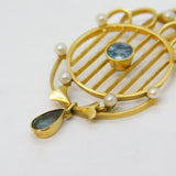 Edwardian 15ct Yellow Gold, Pearl & Blue Topaz Lavalier Drop Pendant Antique